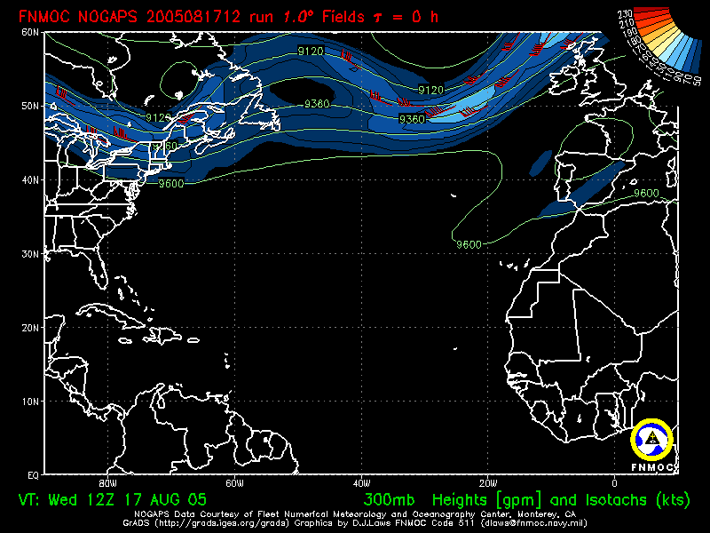 product: 300hPa Heights [m] and Isotachs [kts], area: Atlantic, tau: 000 